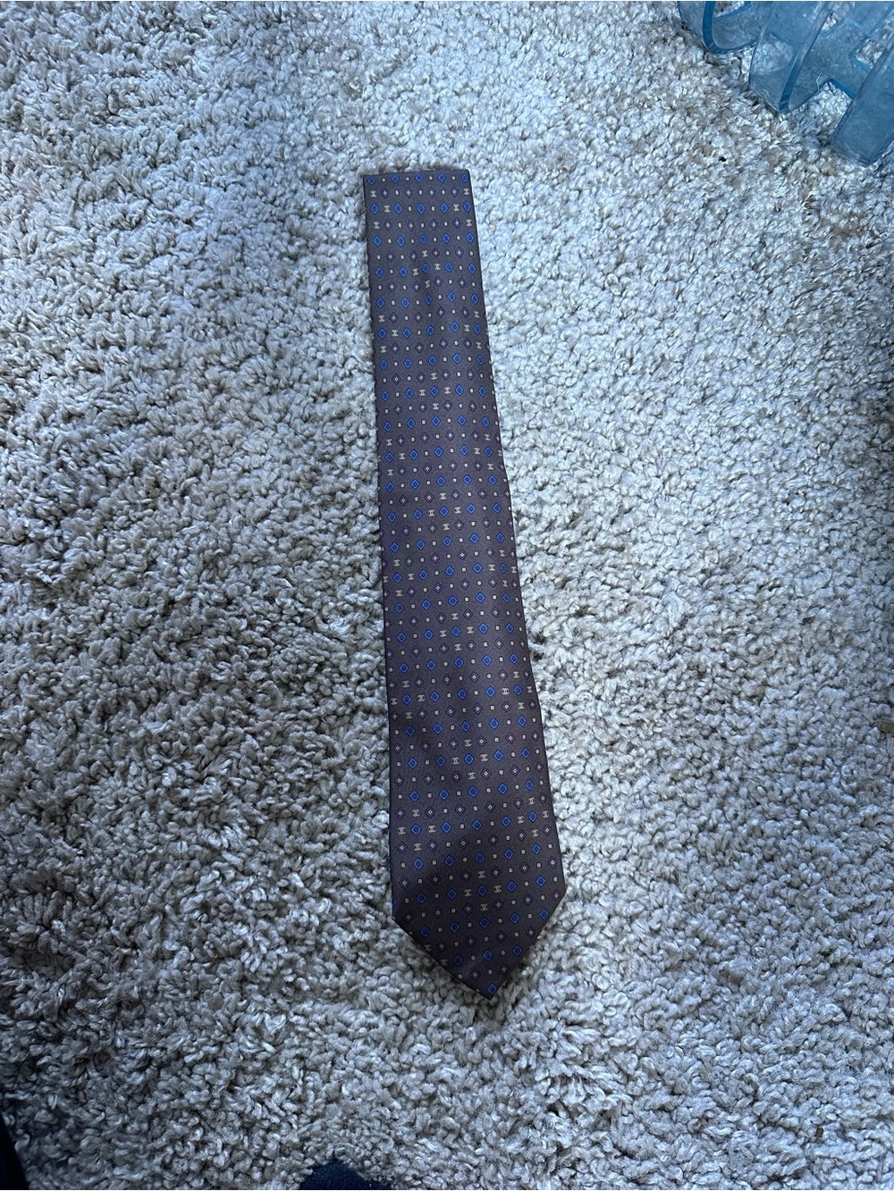 CHANEL Brown Silk Tie with Blue Dot Motif - Picture 2 of 3